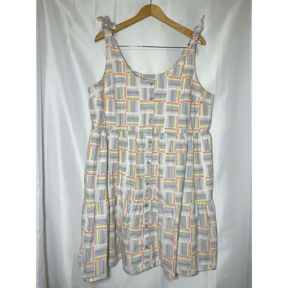 Rainbow Striped Linen Blend Tiered Mini Dress Pride Tie Shoulder XL